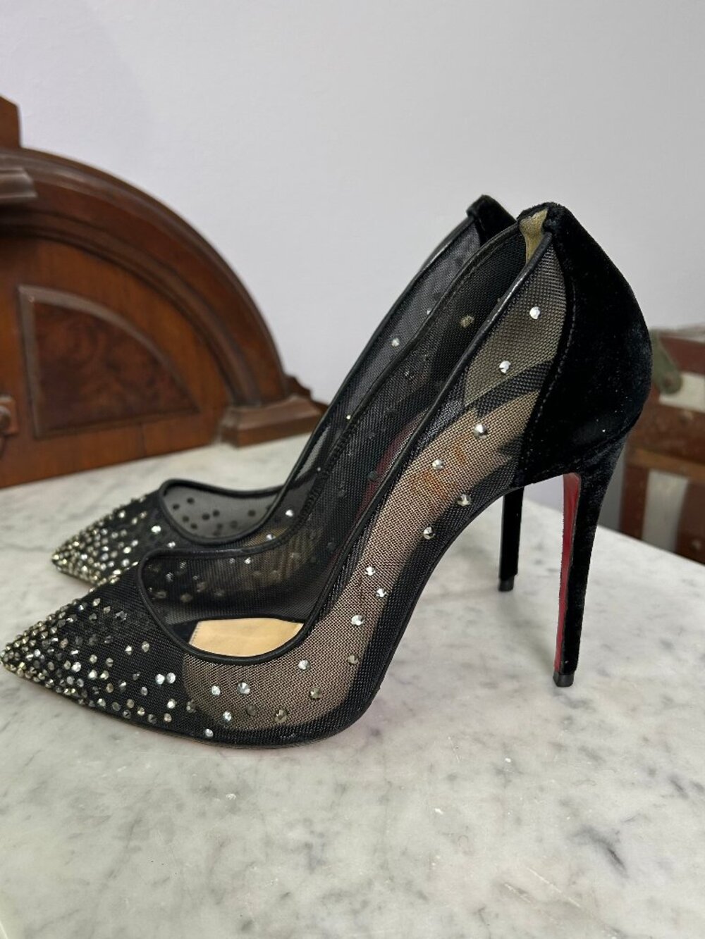 Christian Louboutin Follies Strass Black Mesh Pumps size 37 PLEASE READ